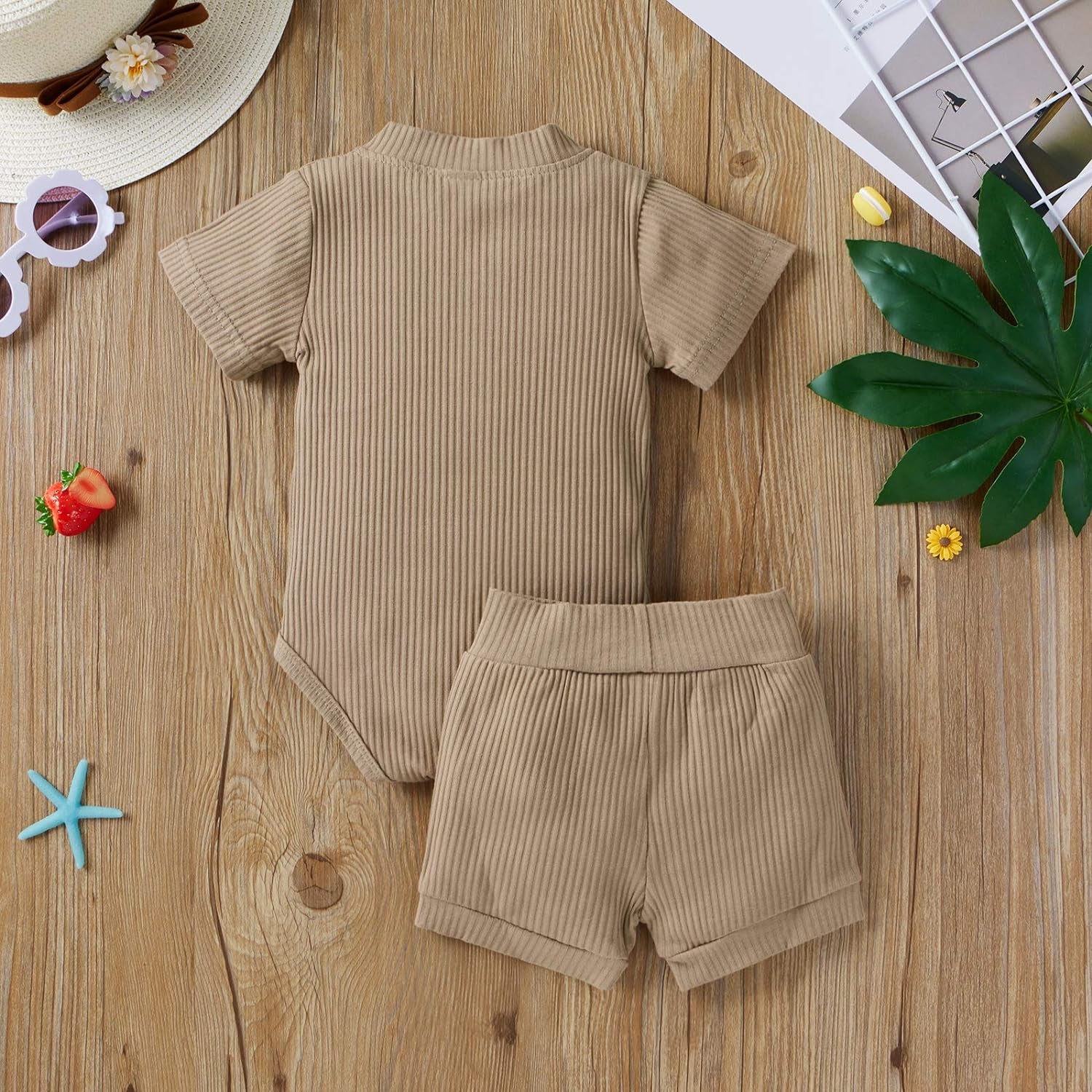 Summer Newborn Baby Boy Girl Clothes Set Ribbed Outfits Unisex Infant Solid Cotton Button Short Sleeve Tops Shorts 2PCS