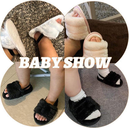 Infant Baby Girls Sandals Faux Fur Slides with Elastic Back Strap Flats Slippers Princess Dress First Walker Moccasins Shoes