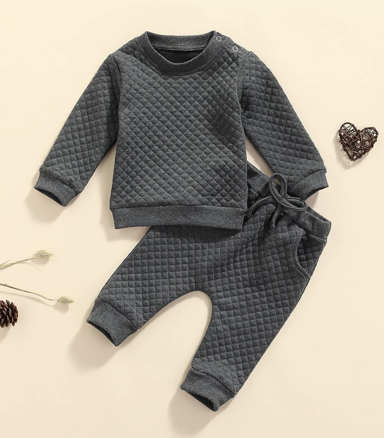 Newborn Baby Boy Girl Clothes Diamond Lattice Unisex Solid Outfit Long Sleeve Warm Pullover Pant Set