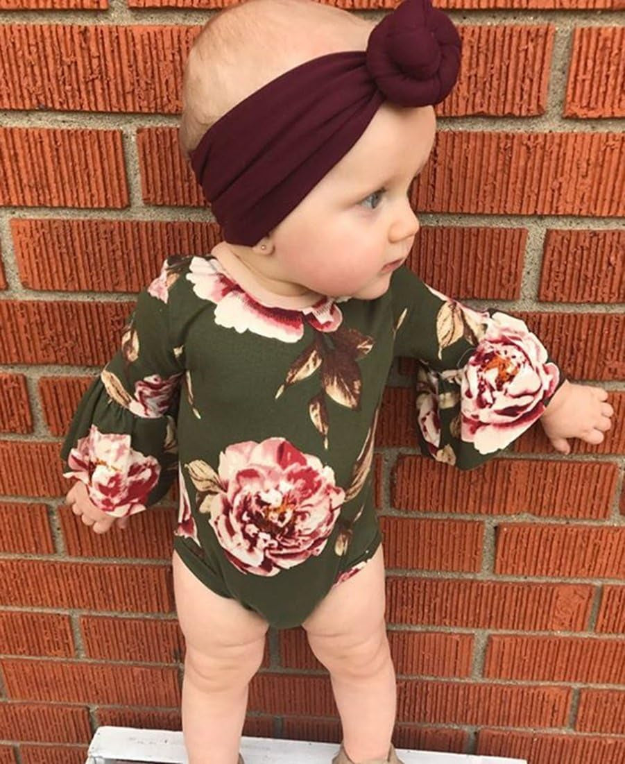 Baby Girl Lace Flower Long Sleeve Romper Solid Color Jacquard Jumpsuits Headband Clothes Sets