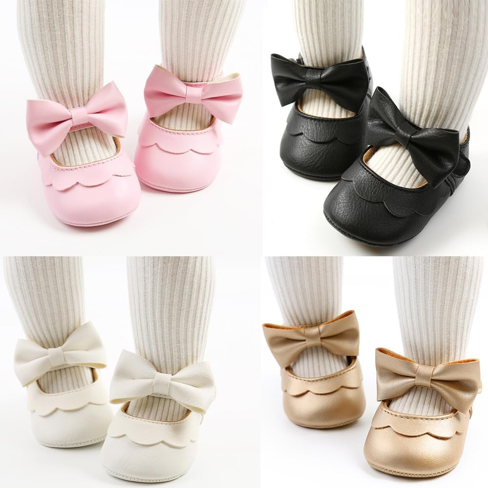 Baby Girls Mary Jane Flats Dress Shoes with Bowknot, Infant Shoes 0-18Months Crib Shoes PU Leather Baby Girl Shoes Walking Shoes Anti-Slip Sole Party School Wedding Newborn Shoes for Girl
